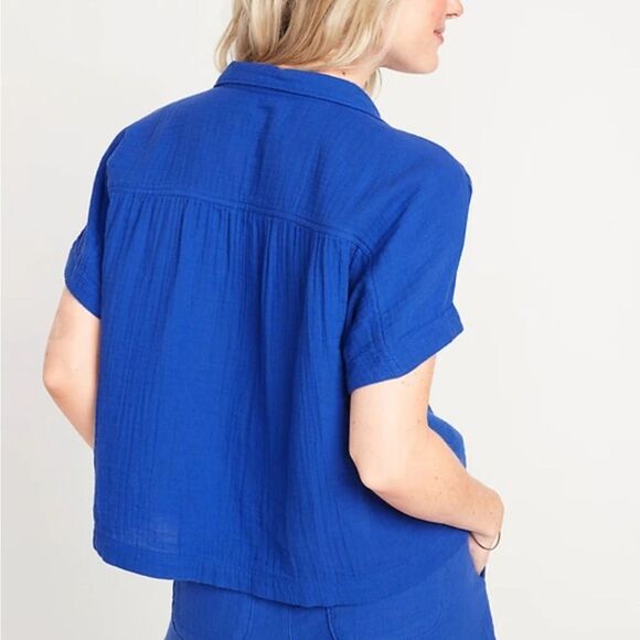 Old navy royal blue muslin gauze cotton button front Top blouse oversized crop M - Picture 1 of 9